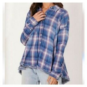 We the Free Seeking Starlight Swing Shirt Blue Pink Plaid Raw Edge Details SZ M